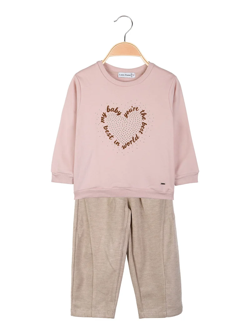 Completo 2 pezzi da bambina con felpa girocollo e pantaloni a palloncino - rosa