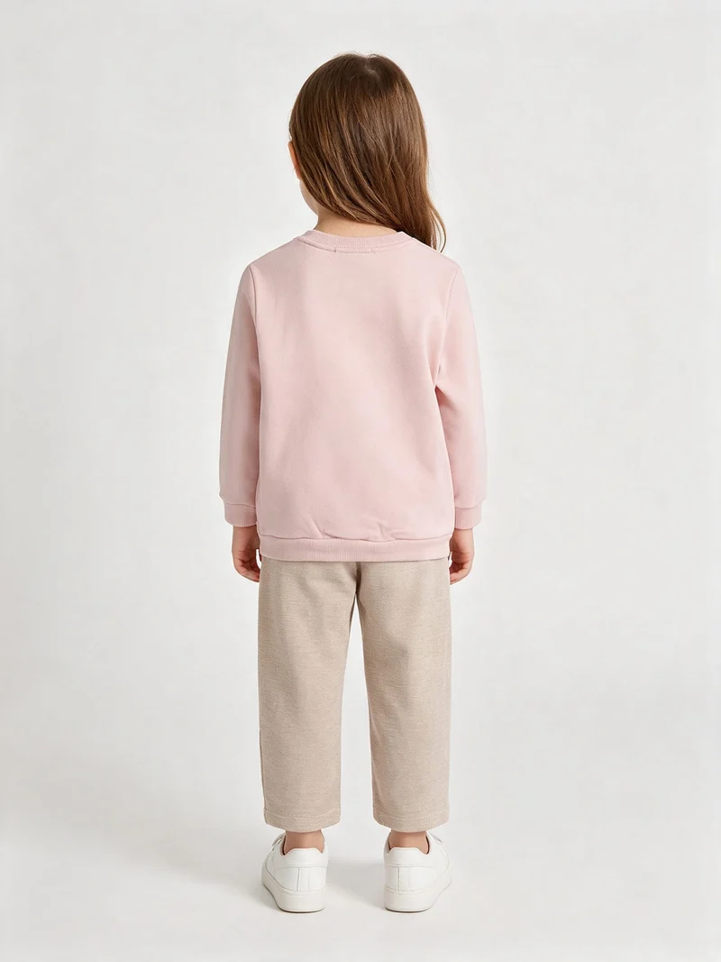 Completo 2 pezzi da bambina con felpa girocollo e pantaloni a palloncino - rosa