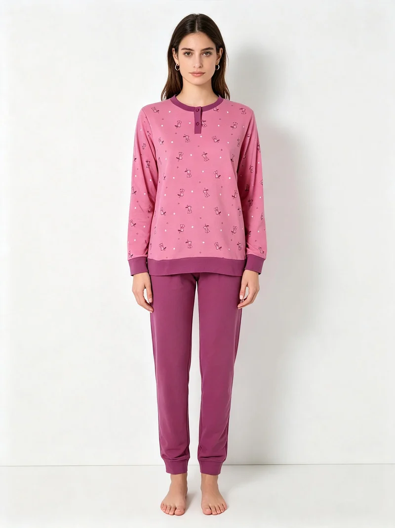 Pigiama lungo da donna in cotone interlock con stampa disegni - rosa