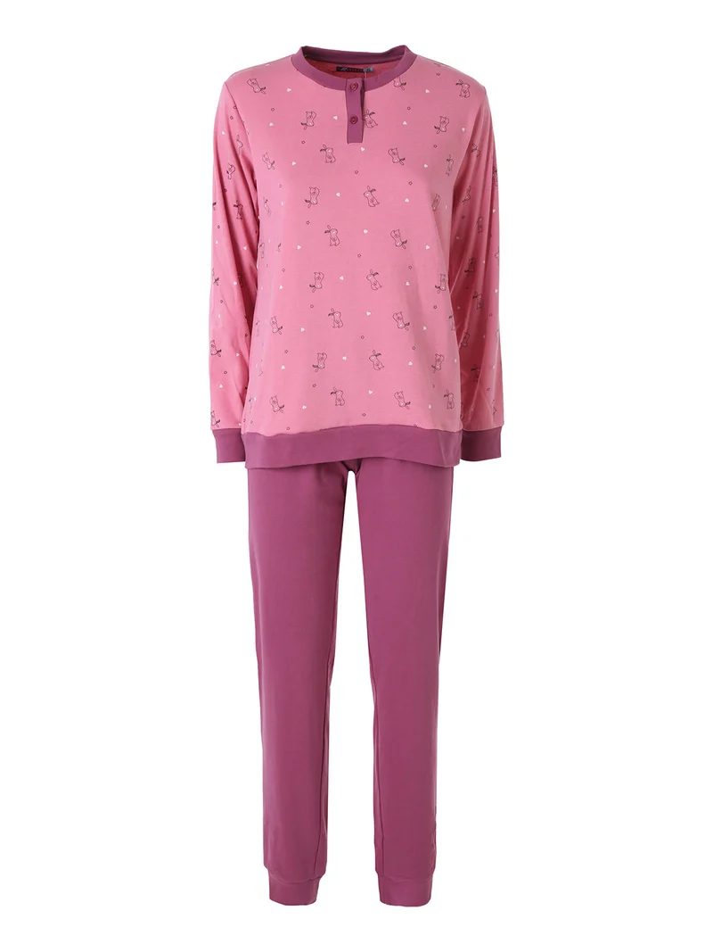 Pigiama lungo da donna in cotone interlock con stampa disegni - rosa