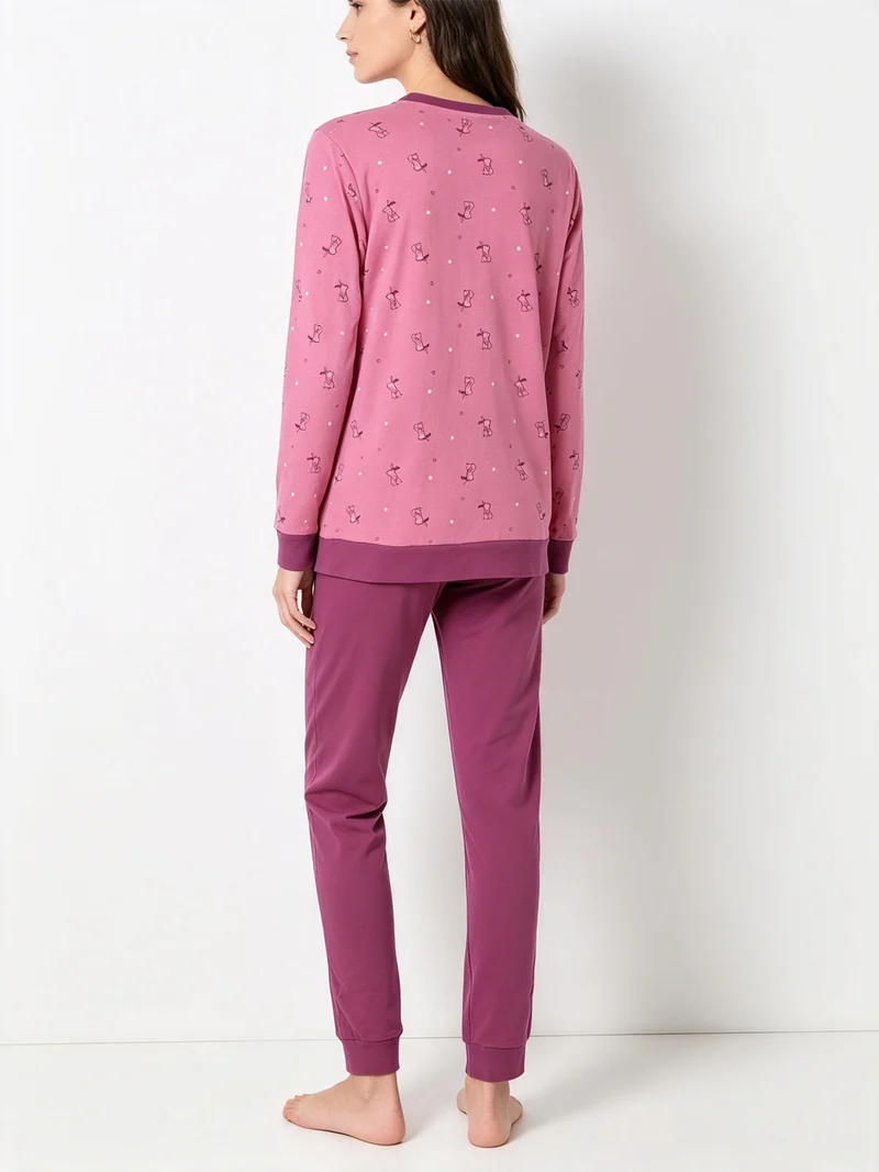 Pigiama lungo da donna in cotone interlock con stampa disegni - rosa