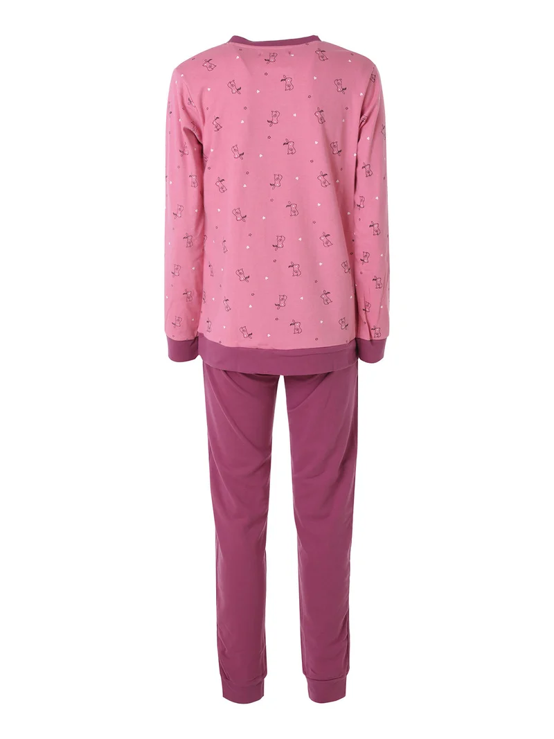 Pigiama lungo da donna in cotone interlock con stampa disegni - rosa