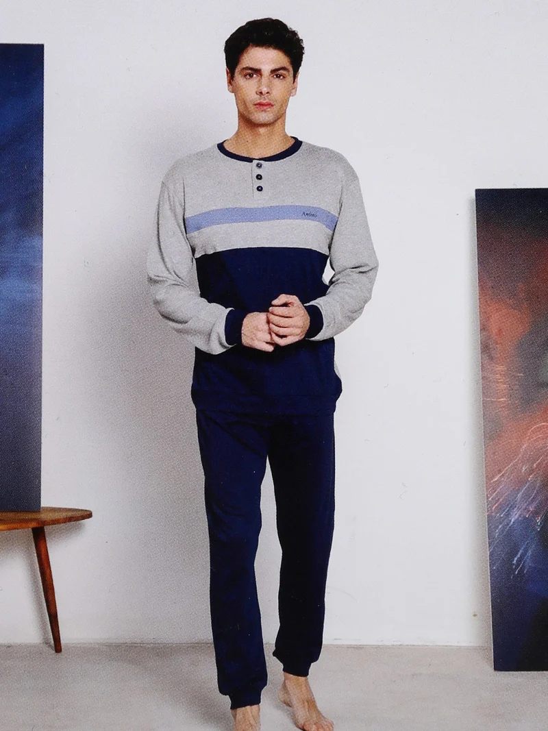 Pigiama lungo da uomo in misto cotone interlock - grigio