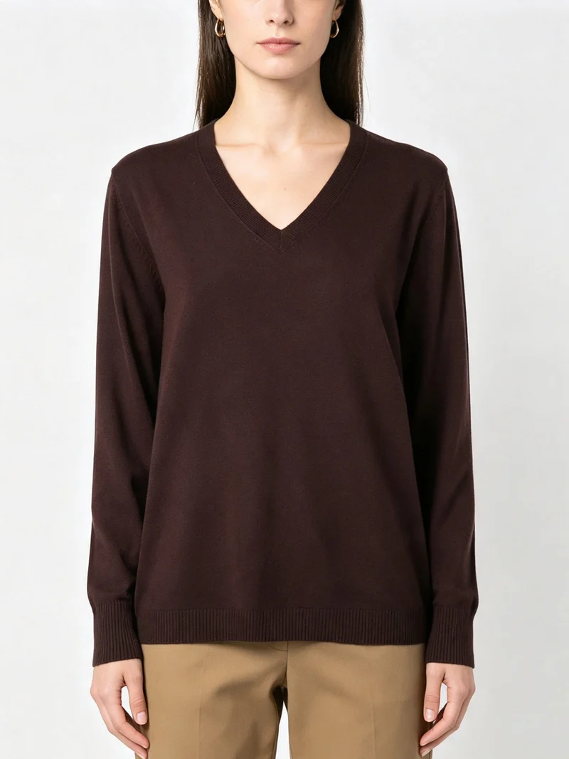Pullover donna in maglia con scollo a V - moro