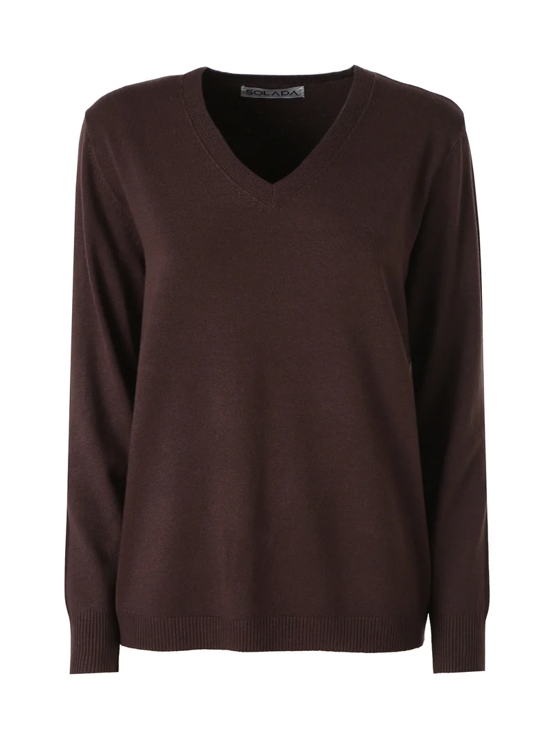Pullover donna in maglia con scollo a V - moro