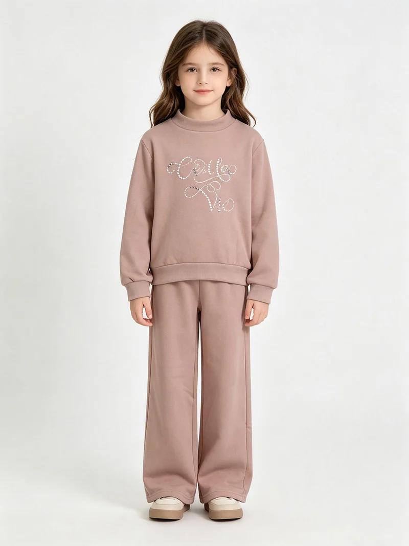Completo da bambina 2 pezzi con felpa girocollo e pantaloni a gamba larga - rosa