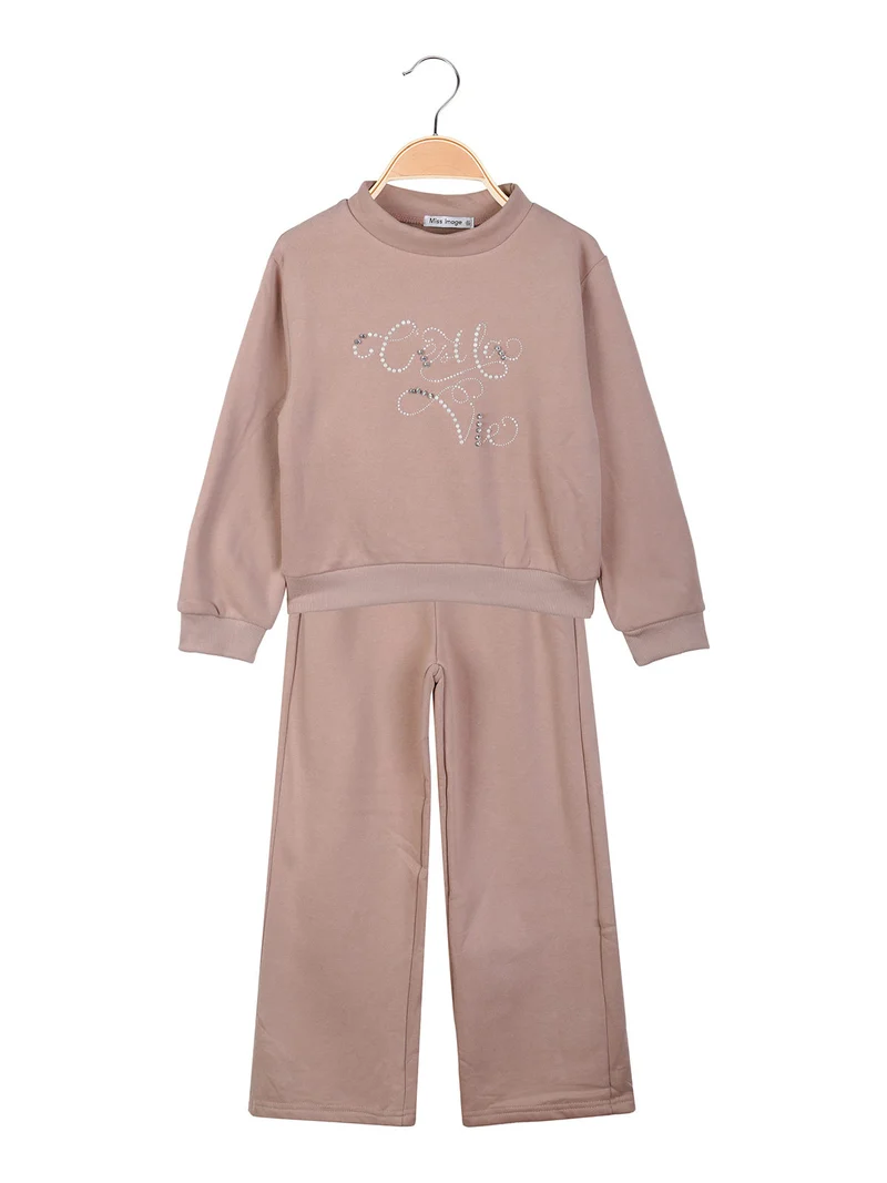 Completo da bambina 2 pezzi con felpa girocollo e pantaloni a gamba larga - rosa