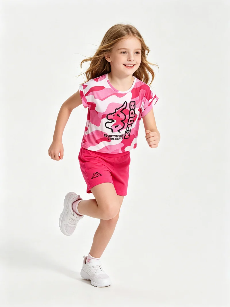 Completo corto da bambina in cotone con t-shirt mimetica e shorts - fucsia