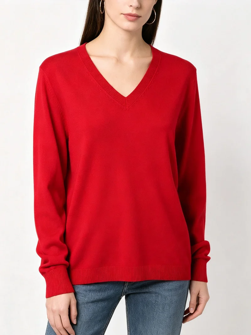Pullover donna in maglia con scollo a V - rosso