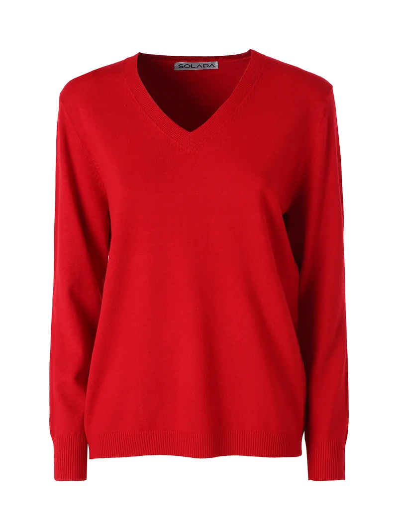 Pullover donna in maglia con scollo a V - rosso