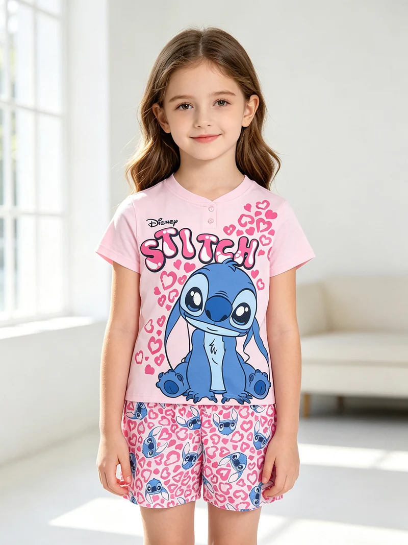 Stitch pigiama corto da bambina in cotone - rosa