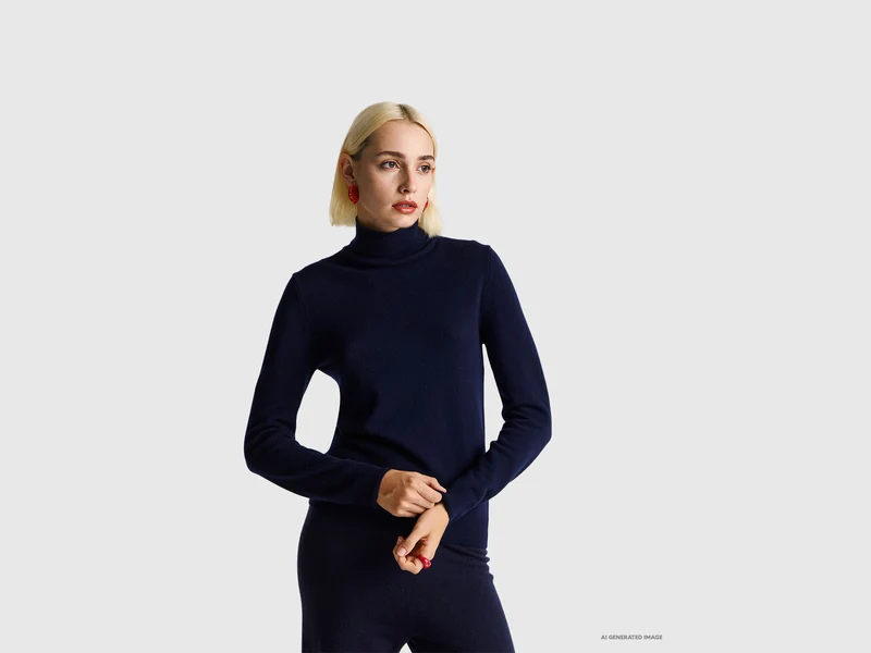 Dunkelblauer Rollkragenpullover aus reiner Merinowolle
