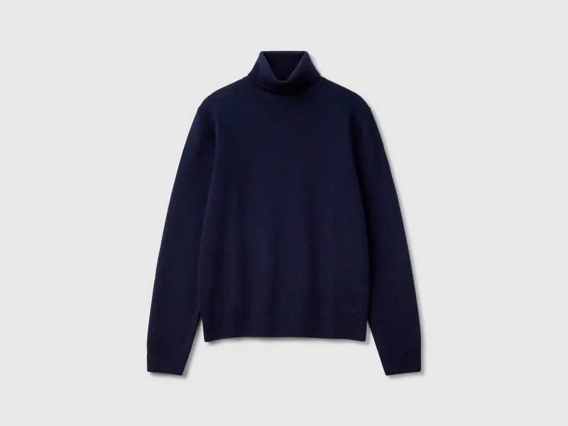 Dunkelblauer Rollkragenpullover aus reiner Merinowolle