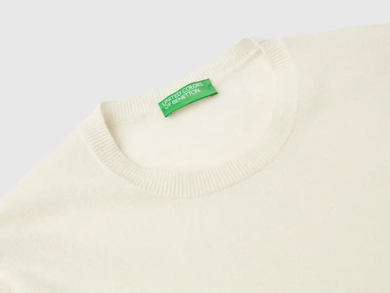 Cremefarbener Pullover mit Rundhalsausschnitt aus reiner Merinowolle