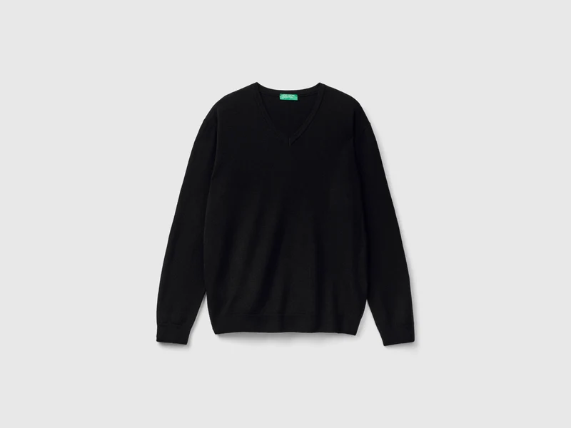Schwarzer Pullover mit V-Ausschnitt aus reiner Merinowolle