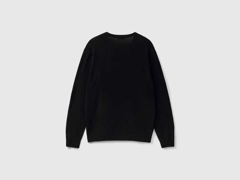 Schwarzer Pullover mit V-Ausschnitt aus reiner Merinowolle