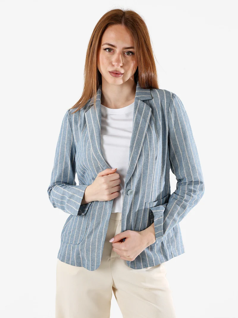 Blazer donna in misto lino e cotone con stampa a righe - blu