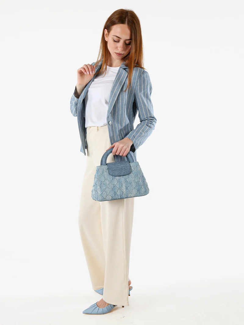 Blazer donna in misto lino e cotone con stampa a righe - blu