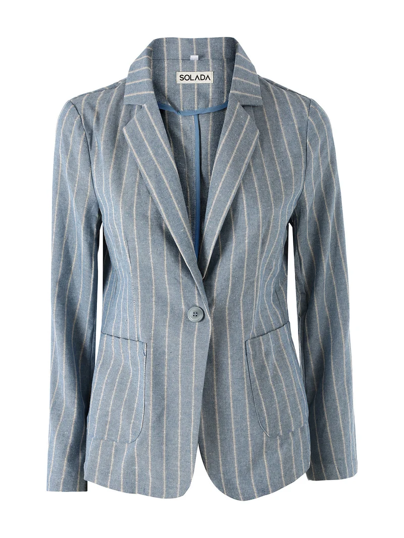 Blazer donna in misto lino e cotone con stampa a righe - blu