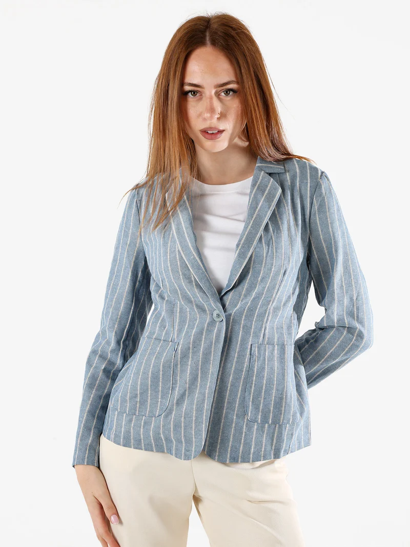 Blazer donna in misto lino e cotone con stampa a righe - blu