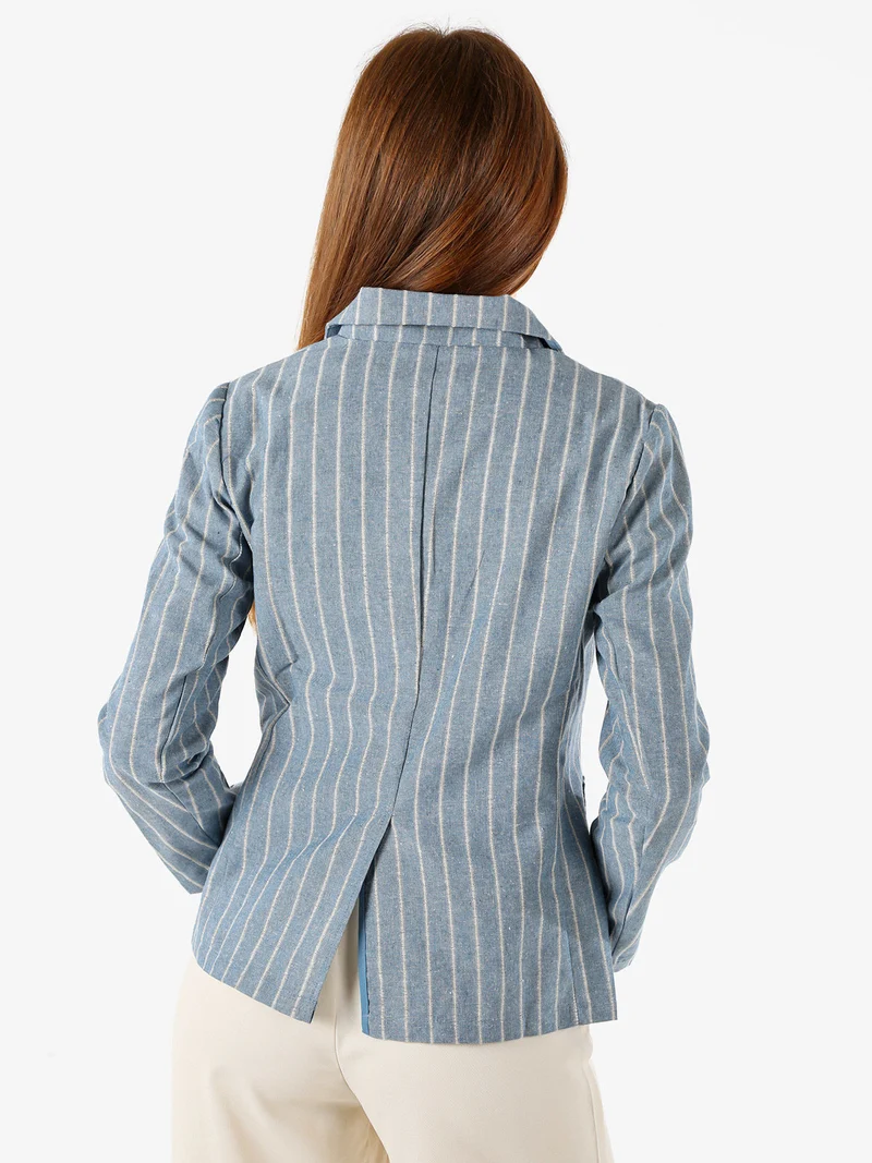 Blazer donna in misto lino e cotone con stampa a righe - blu