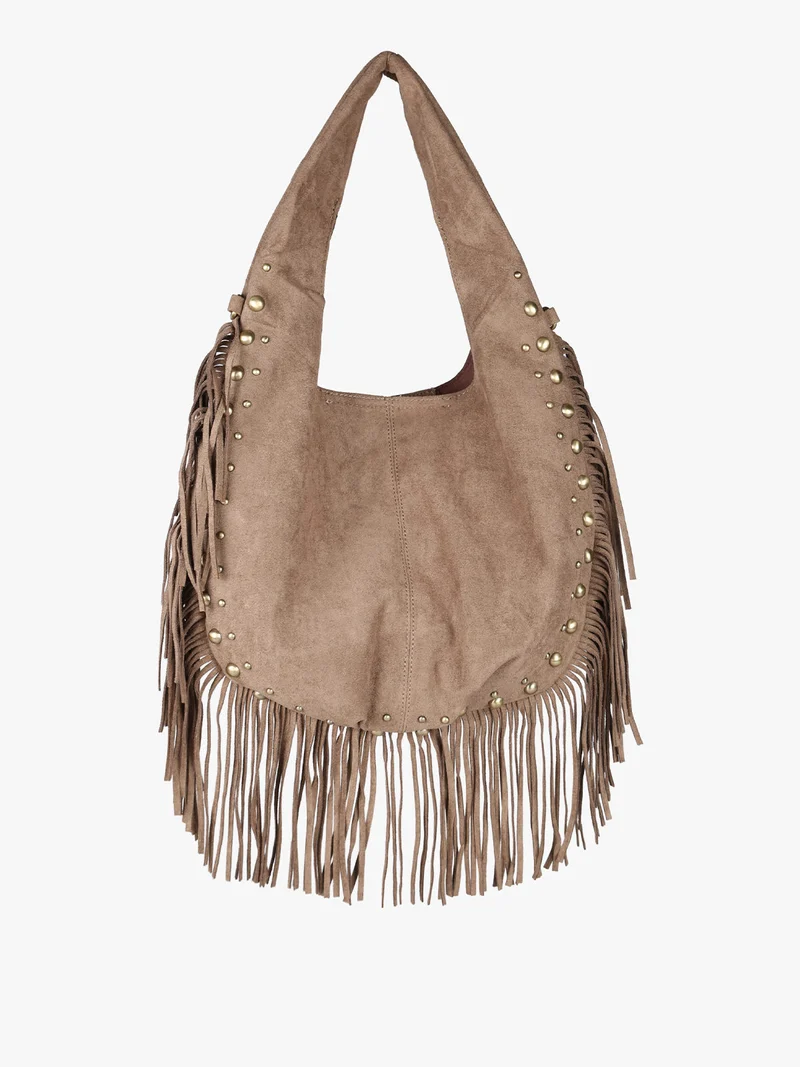 Borsa scamosciata da donna con nappine e borchie - taupe
