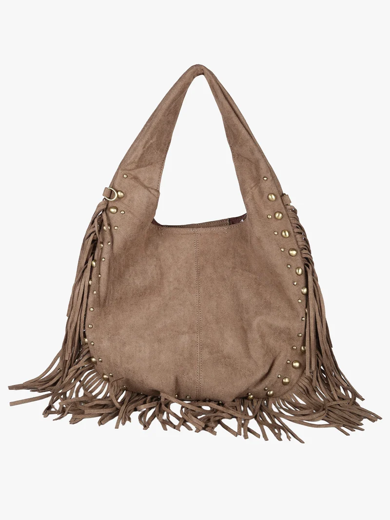 Borsa scamosciata da donna con nappine e borchie - taupe