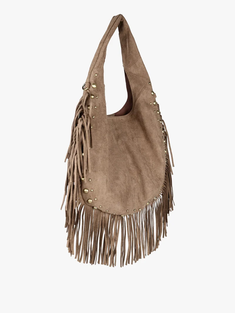 Borsa scamosciata da donna con nappine e borchie - taupe