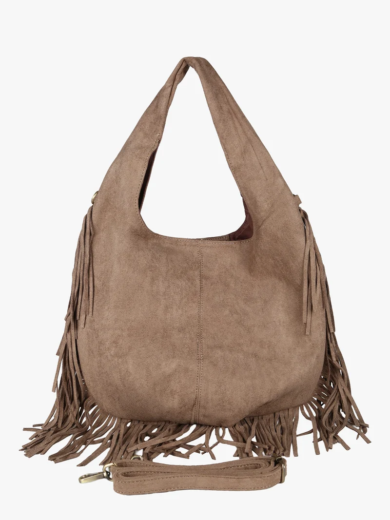 Borsa scamosciata da donna con nappine e borchie - taupe