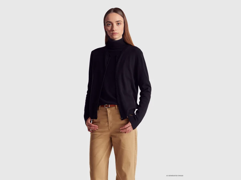Schwarzer Cardigan mit Rundhalsausschnitt aus reiner Merinowolle