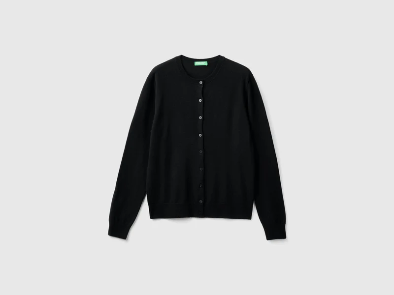 Schwarzer Cardigan mit Rundhalsausschnitt aus reiner Merinowolle