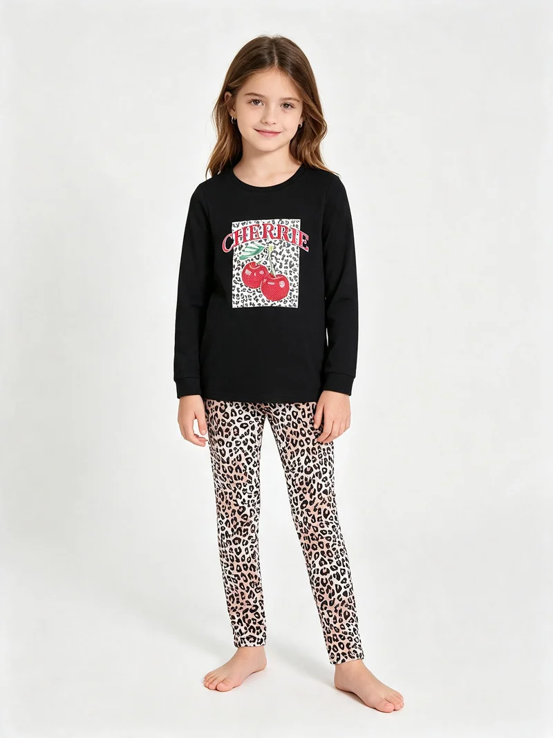Completo 2 pezzi da bambina con leggings maculati - nero
