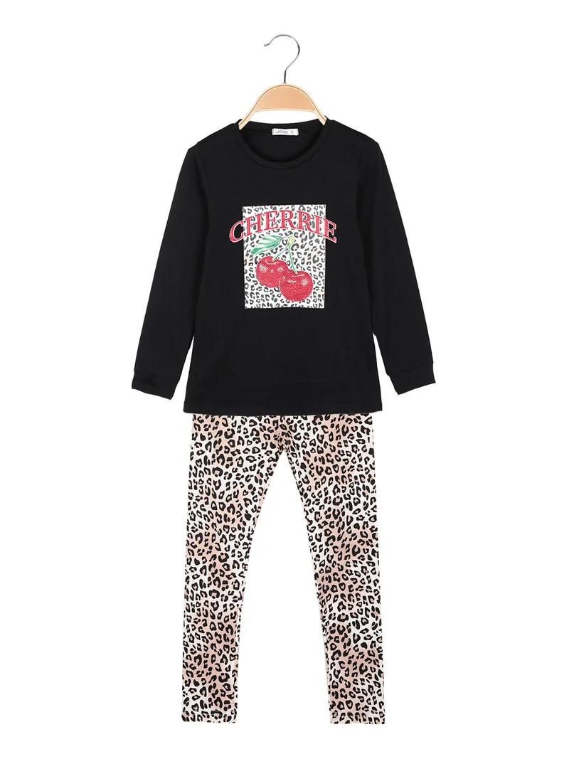 Completo 2 pezzi da bambina con leggings maculati - nero