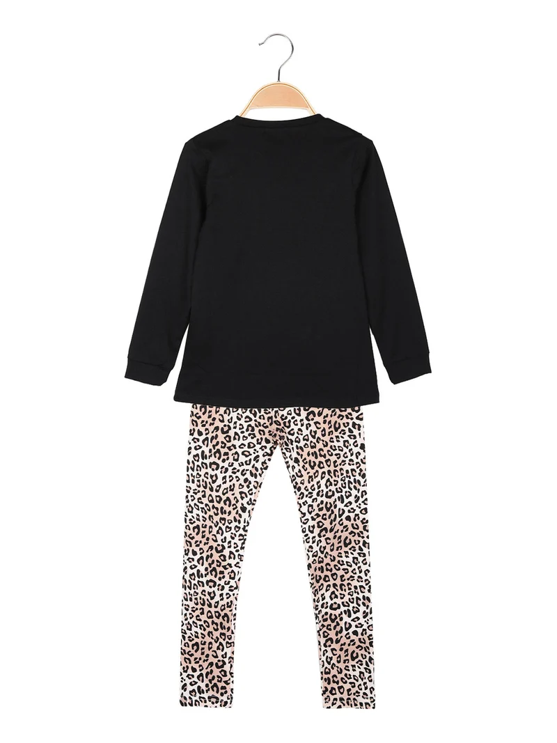 Completo 2 pezzi da bambina con leggings maculati - nero