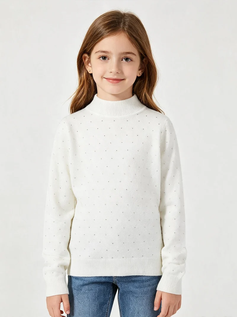 Maglia da bambina a lupetto con micro borchie - bianco