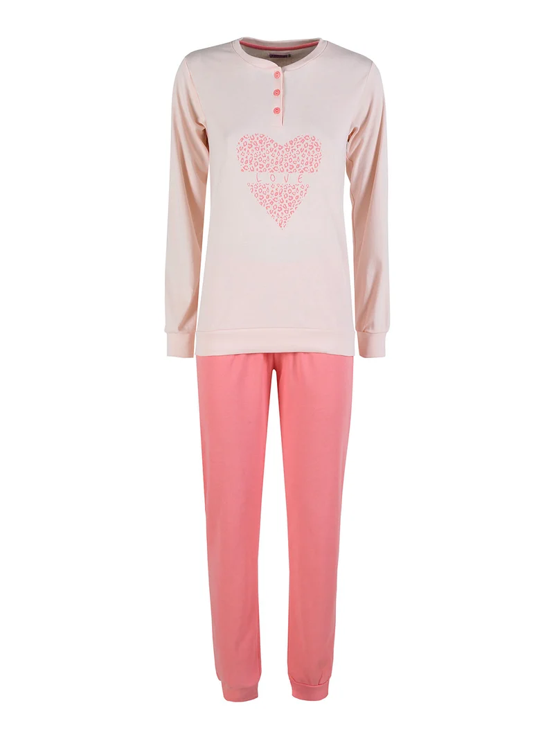 Pigiama lungo da donna in cotone interlock - rosa