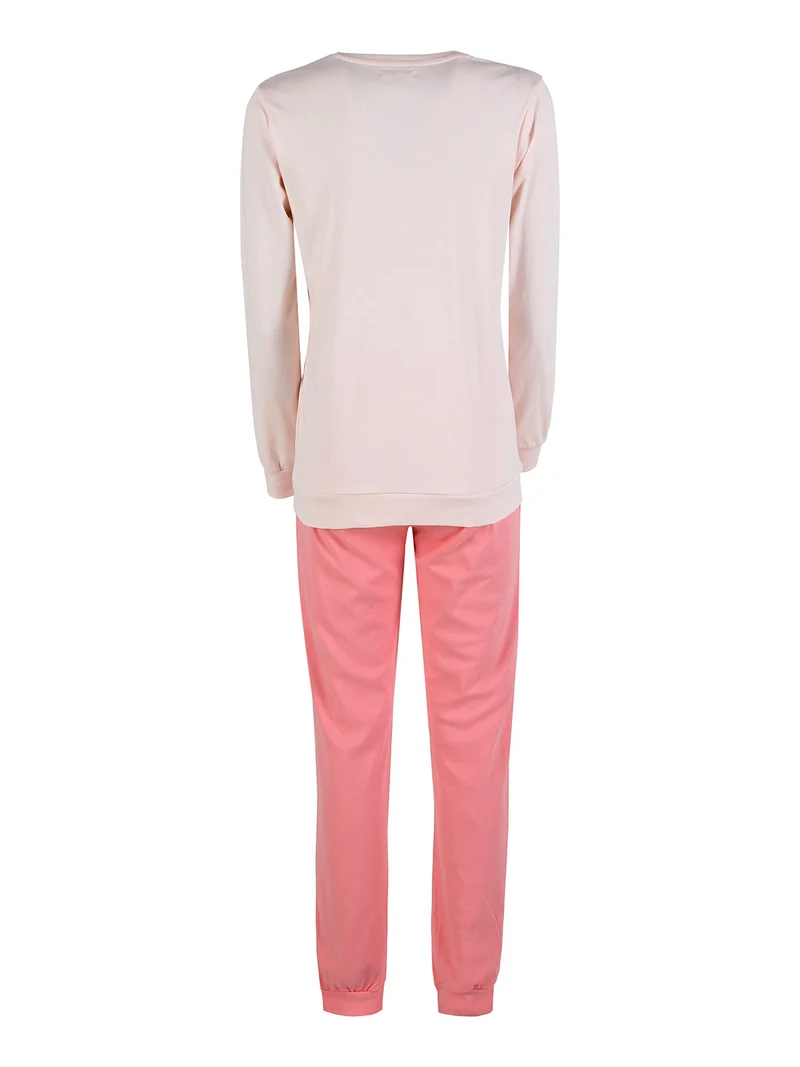 Pigiama lungo da donna in cotone interlock - rosa