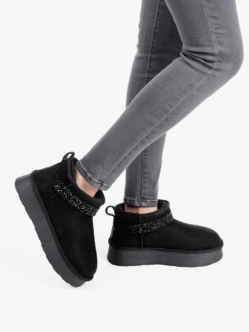 Stivaletti donna in tessuto scamosciato con strass e platform - nero