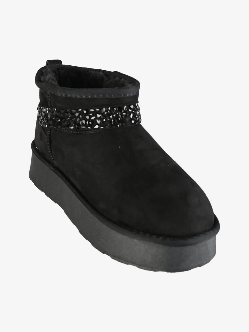 Stivaletti donna in tessuto scamosciato con strass e platform - nero