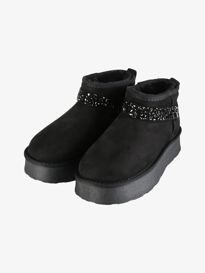 Stivaletti donna in tessuto scamosciato con strass e platform - nero