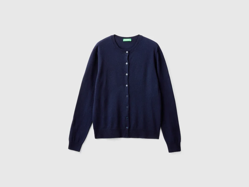 Dunkelblauer Cardigan mit Rundhalsausschnitt aus reiner Merinowolle