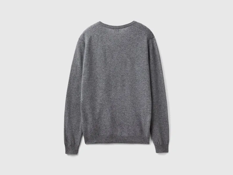 Grauer Pullover mit V-Ausschnitt aus reiner Merinowolle