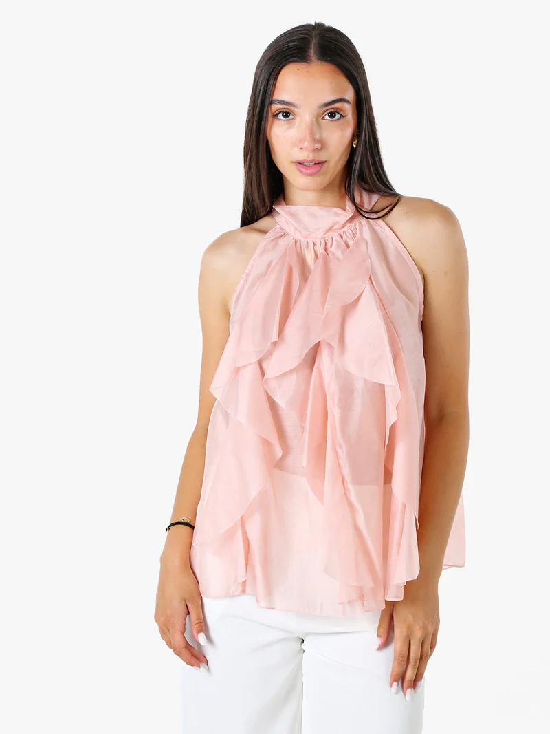 Top donna con volant e allacciatura al collo - rosa