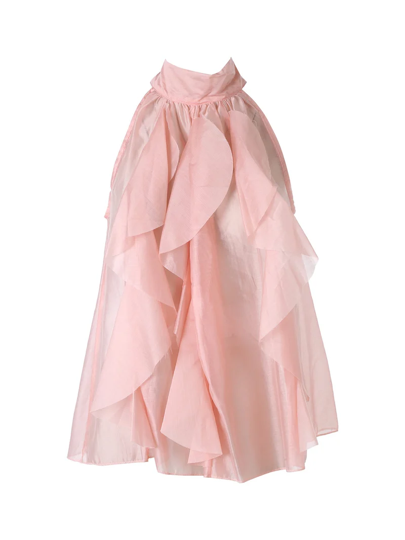 Top donna con volant e allacciatura al collo - rosa