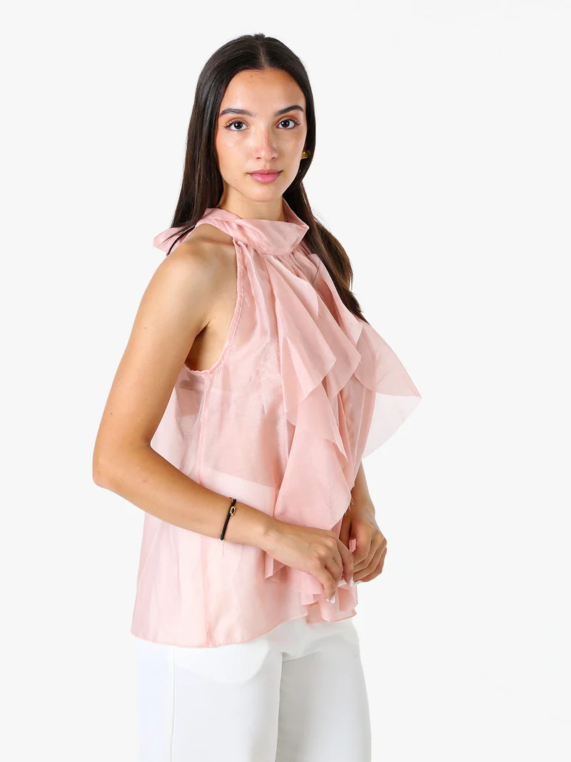 Top donna con volant e allacciatura al collo - rosa