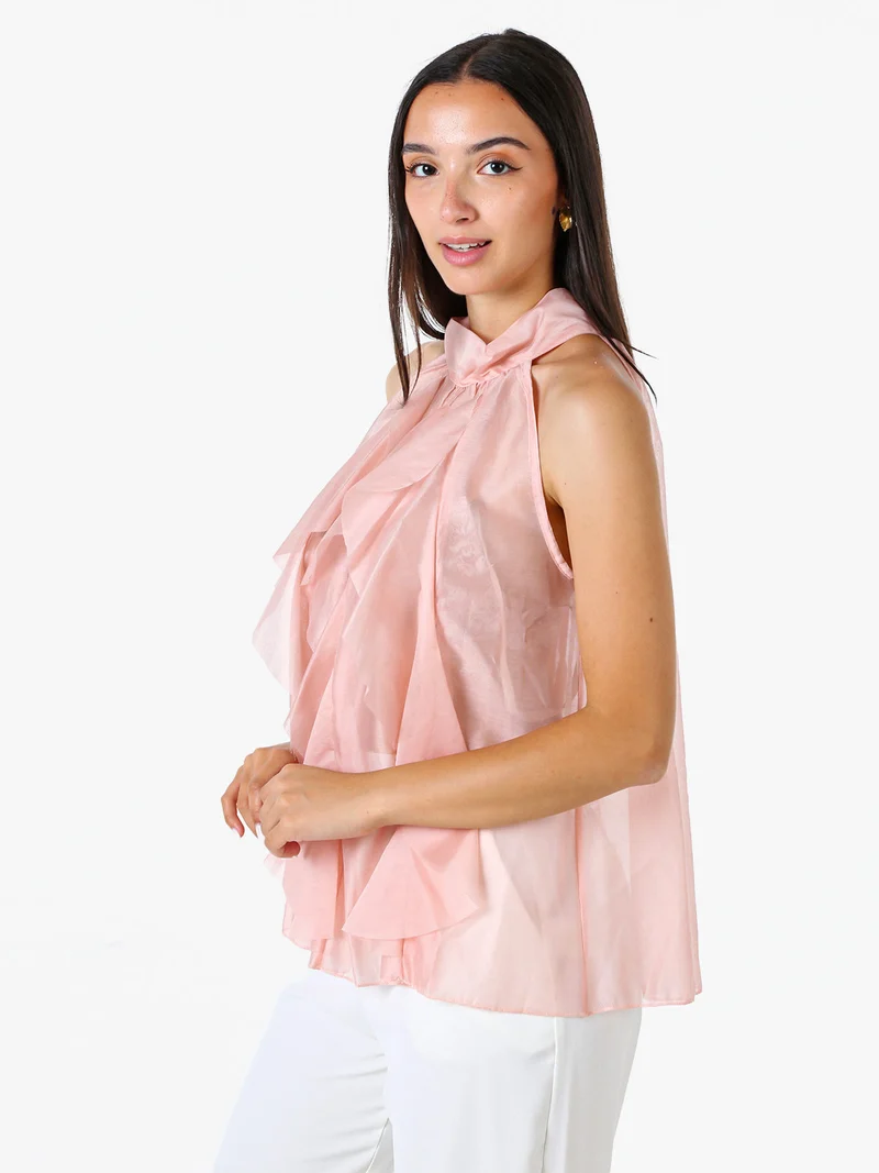 Top donna con volant e allacciatura al collo - rosa