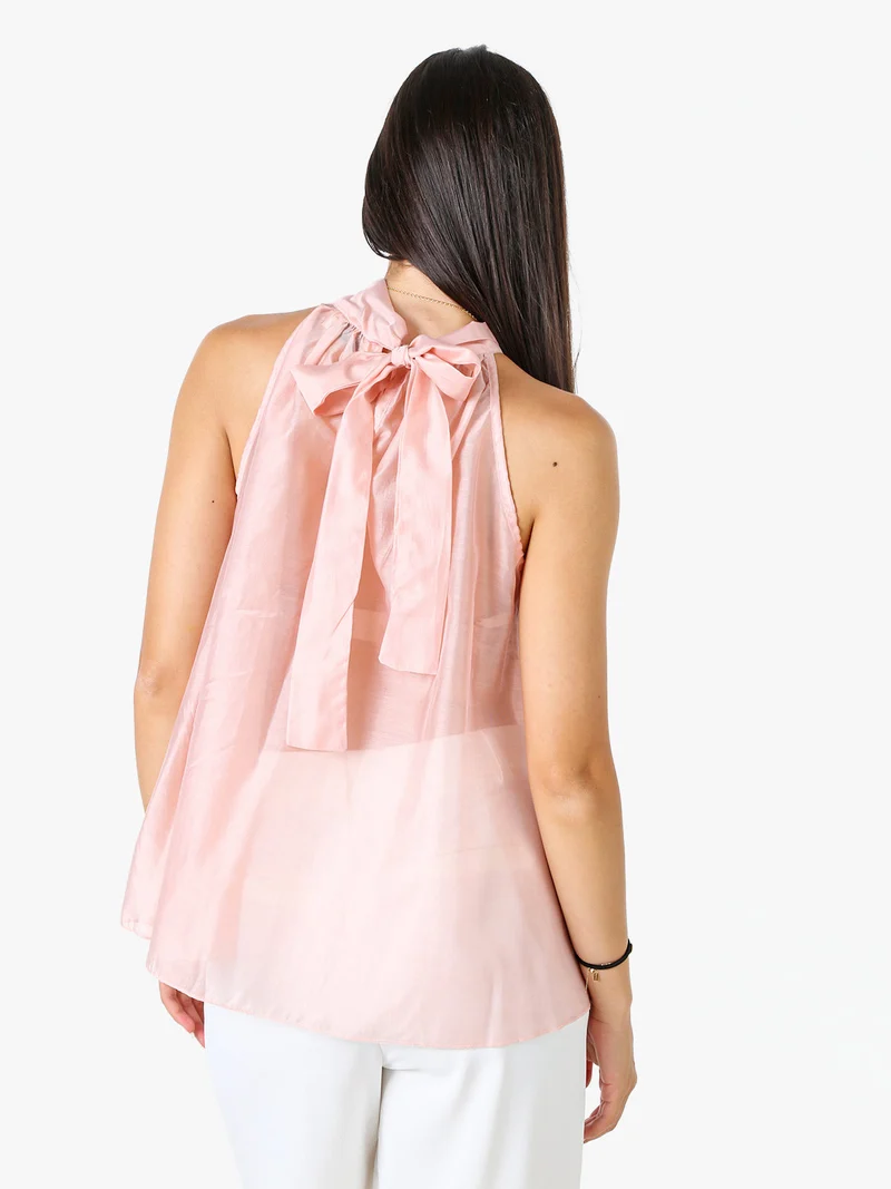 Top donna con volant e allacciatura al collo - rosa