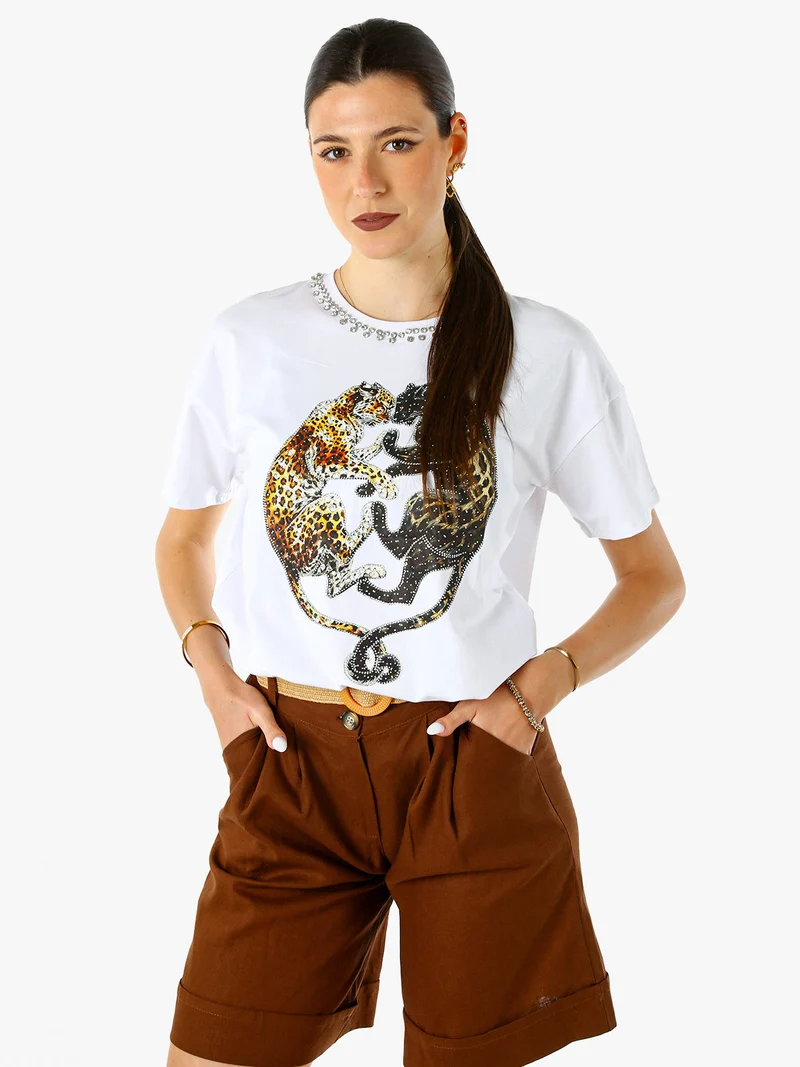 T-shirt donna gioiello con strass e stampa disegno animali - bianco