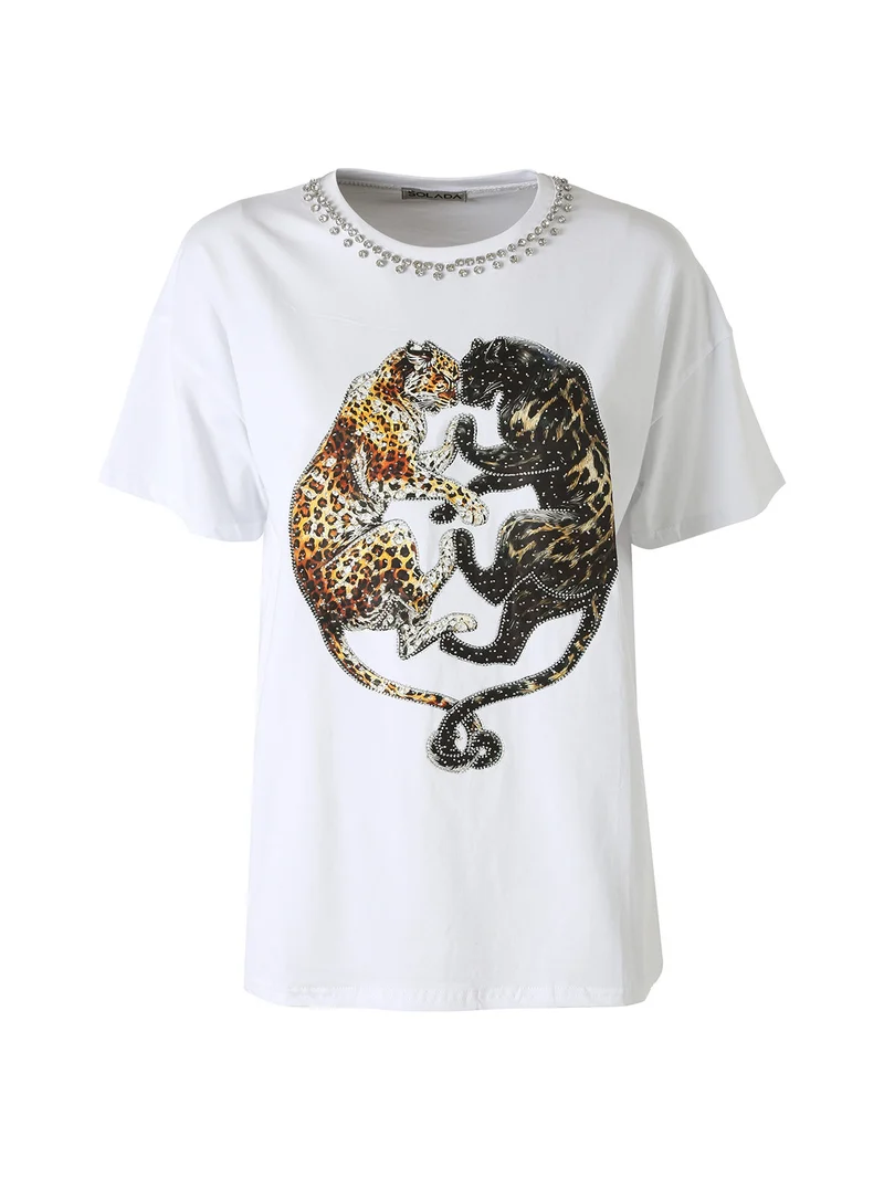 T-shirt donna gioiello con strass e stampa disegno animali - bianco