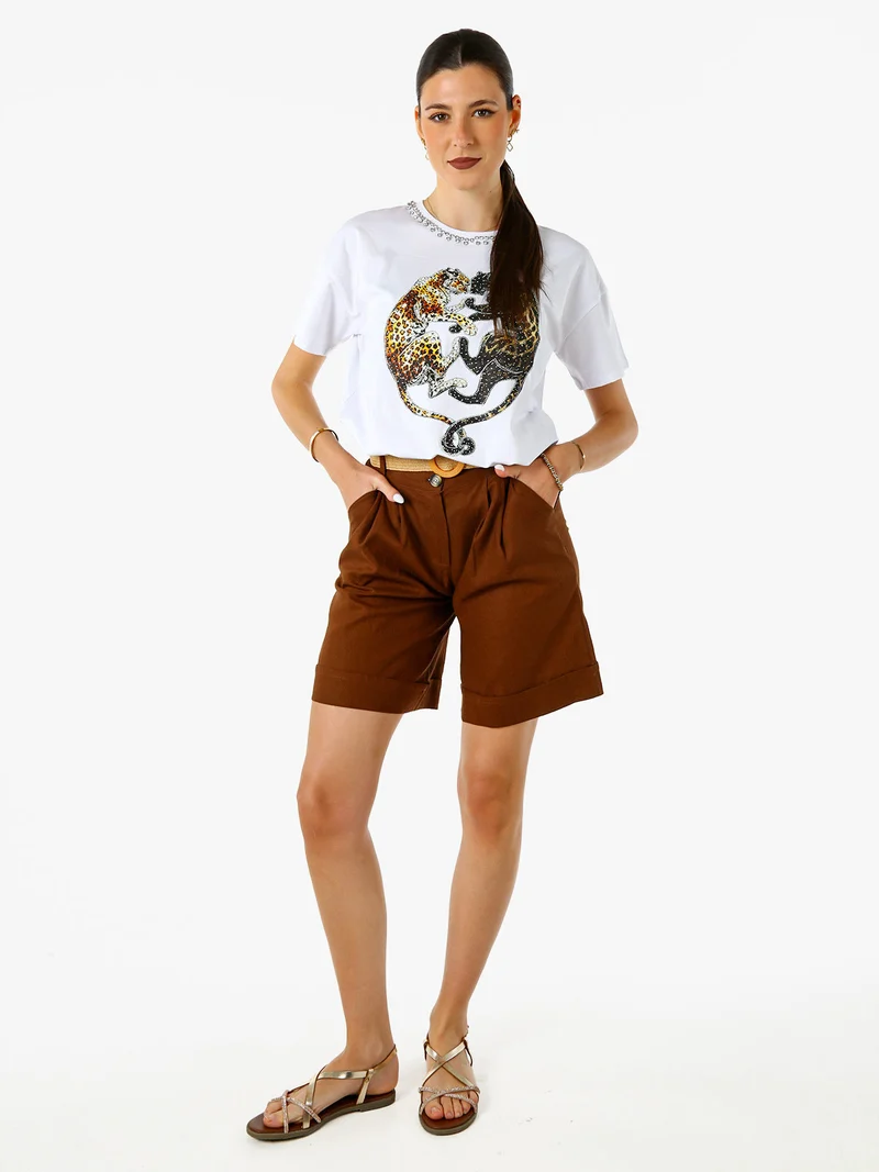 T-shirt donna gioiello con strass e stampa disegno animali - bianco